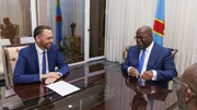 Le vice-premier ministre et ministre des Affaires étrangères Maxime Prévot et le président de la RDC Felix Tshisekedi lors d'une audience avec le président de la RDC, à Kinshasa, RDC Congo, lundi 28 avril 2025. 