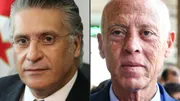 Montage de photo créé le 16 septembre 2019 montrant les deux candidats à la présidentielle tunisienne Nabil Karoui (à gauche) magnat des médias actuellement emprisonné  et Kais Saied (à droite), universitaitaire indépendant sans affiliation politique. Les