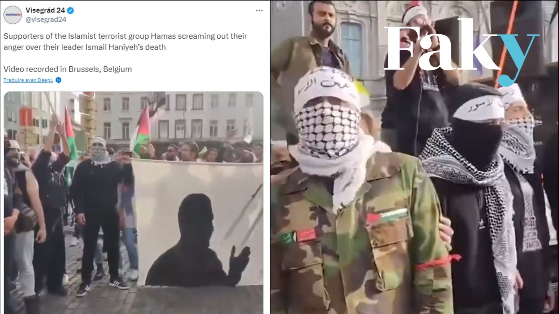 Image accompanying Des supporters du groupe terroriste islamiste Hamas criant leur colère après la mort de leur chef Ismaël Haniyeh, vido enregistrée à Bruxelles