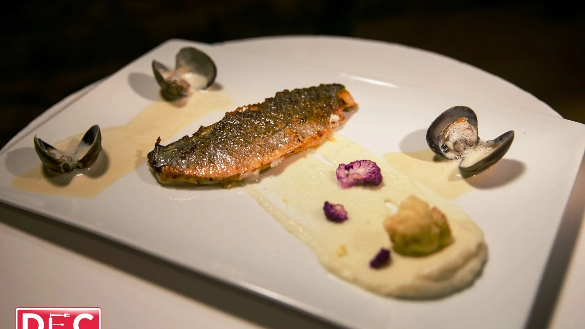 Filet de bar au miso blanc, palourdes et fine purée de chou-fleur ...