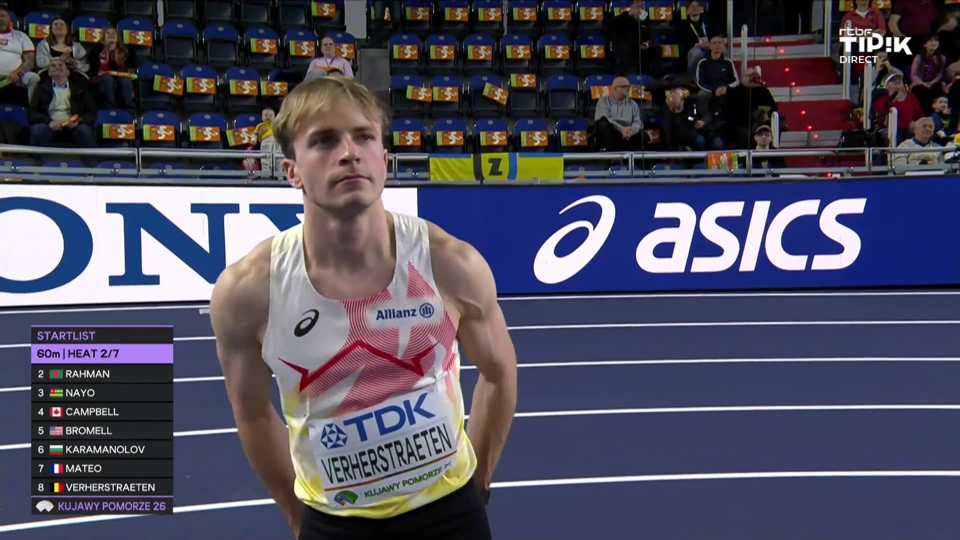 Mondiaux d’athlétisme en salle : un épatant Simon Verherstraeten brille en séries du 60m et s'invite parmi les Américains et Jamaïcains