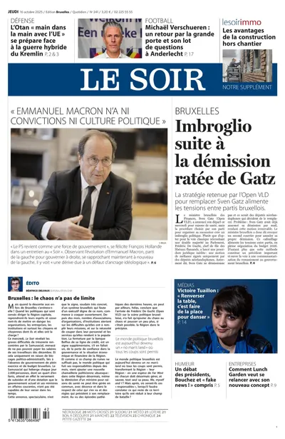 La Une du journal Le Soir du 16 octobre 2025.