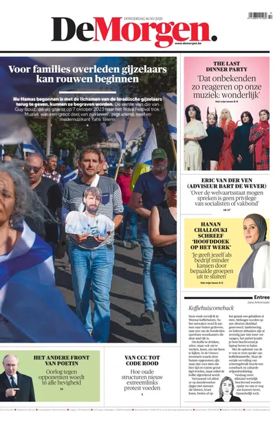 La Une du journal De Morgen du 16 octobre 2025.