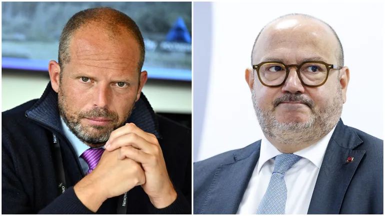 Gauche : Le ministre de la Défense et du Commerce extérieur, Theo Francken, lors d’une visite de presse organisée à l’occasion de l’inauguration du nouveau centre de cybersécurité high-tech de Nexova, à Libin, le lundi 1er septembre 2025. Droite : Le mini