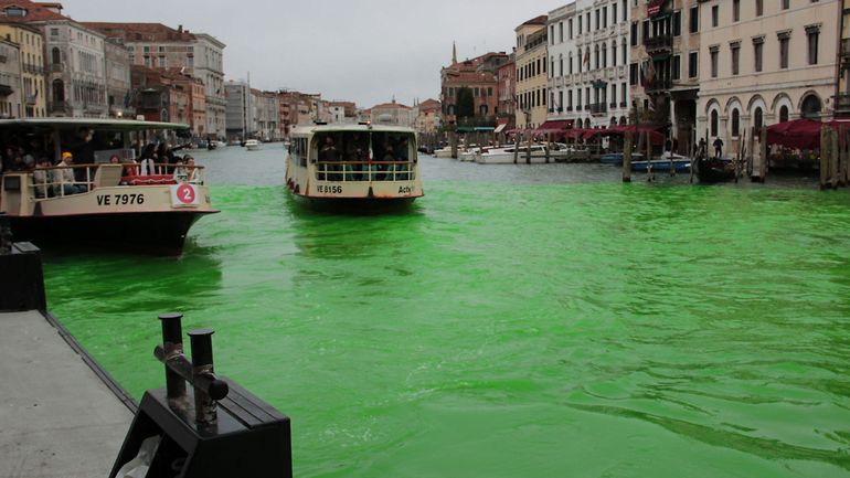 Le Grand Canal de Venise teint en vert par des militants écologistes pour dénoncer "les effets massifs de l'effondrement climatique" Le Grand Canal de Venise teint en vert par des militants écologistes pour dénoncer "les effets massifs de l'effondrement climatique"