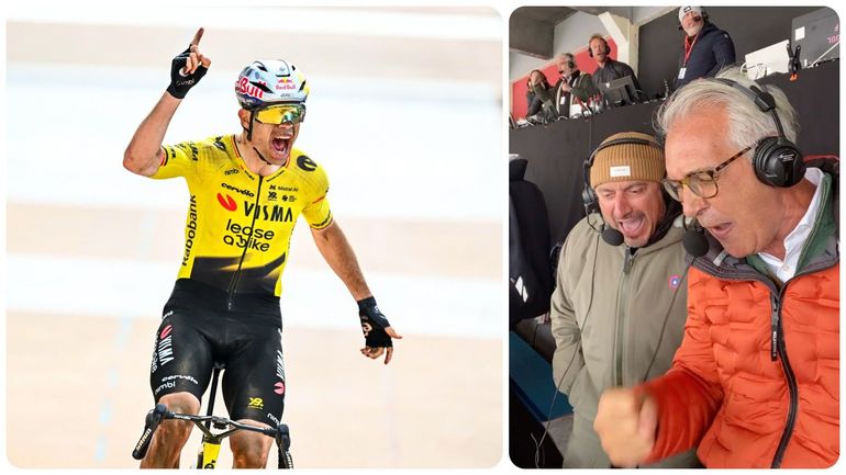 Revivez le sprint victorieux de Wout van Aert dans le vélodrome de Roubaix depuis la cabine commentateurs