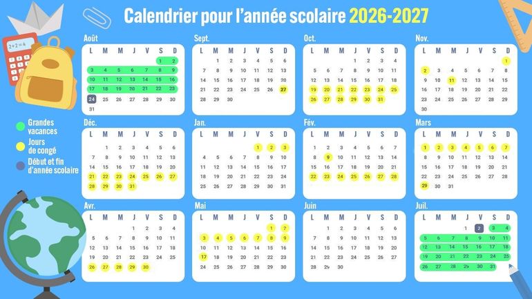 Calendrier scolaire 2026-2027 : voici les dates des congés et vacances en Fédération Wallonie-Bruxelles