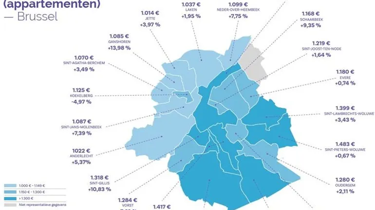 Les loyers en moyenne par commune à Bruxelles et leur évolution par rapport à 2024