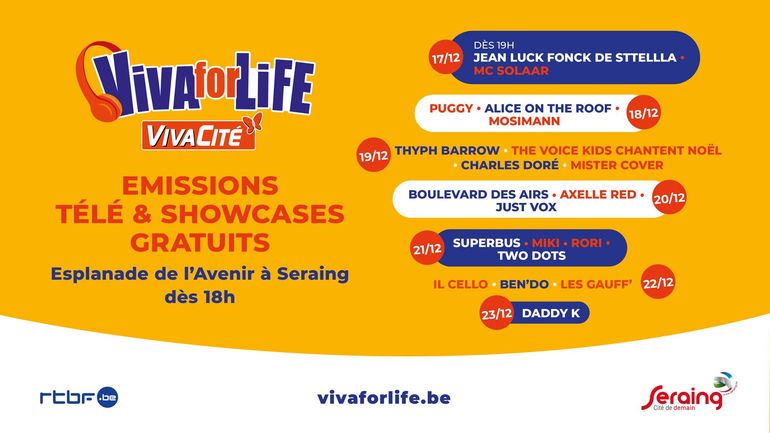 Découvrez l’affiche des artistes présents pour Viva for Life à Seraing Découvrez l’affiche des artistes présents pour Viva for Life à Seraing