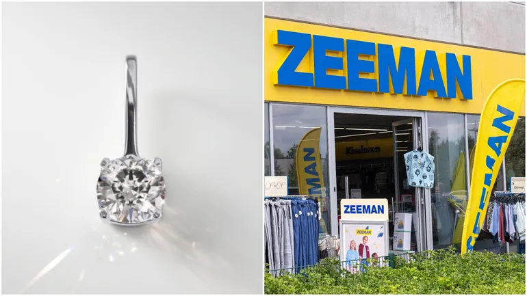 A gauche : le diamant de synthèse vendu par l’enseigne de magasins néerlandaise Zeeman. A droite : le magasin Zeeman à Stabroek, le lundi 4 août 2025.