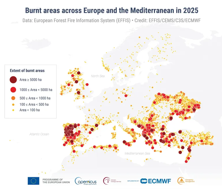 Distribution and extent of burned areas in Europe and the Mediterranean in 2025