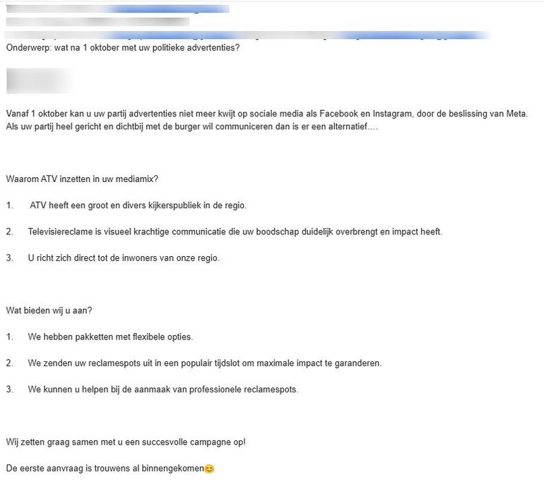 E-mail envoyé par la rédaction d’ATV auprès des partis politiques flamands