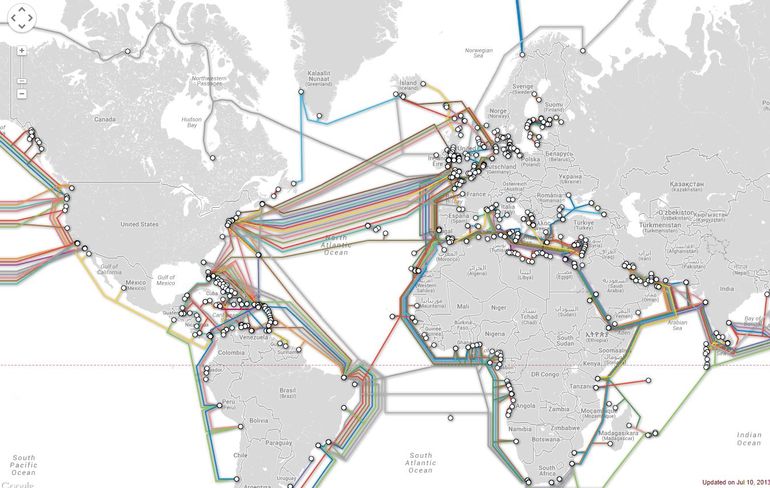 Capture d&#x27;écran de la cartographie du site Telegeography, renseignée par lemonde.fr