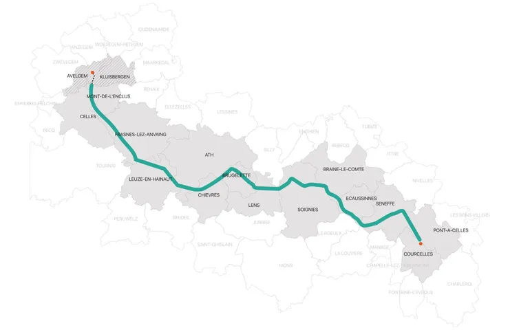 Le tracé de la Boucle du Hainaut traverse 16 communes (2 en Flandre, 14 en Wallonie). Il s’agit d’un projet de tracé mais pas d’un corridor définitif, celui-ci devant encore être déterminé par le gouvernement wallon.