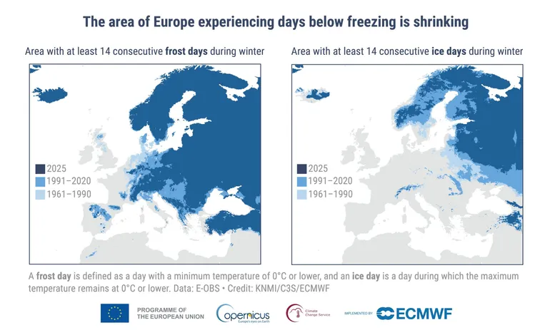 (Right) Area of Europe having experienced at least 14 consecutive days with a minimum temperature below 0 °C. (Left) Area of Europe having experienced at least 14 consecutive days with a maximum temperature below 0 °C.